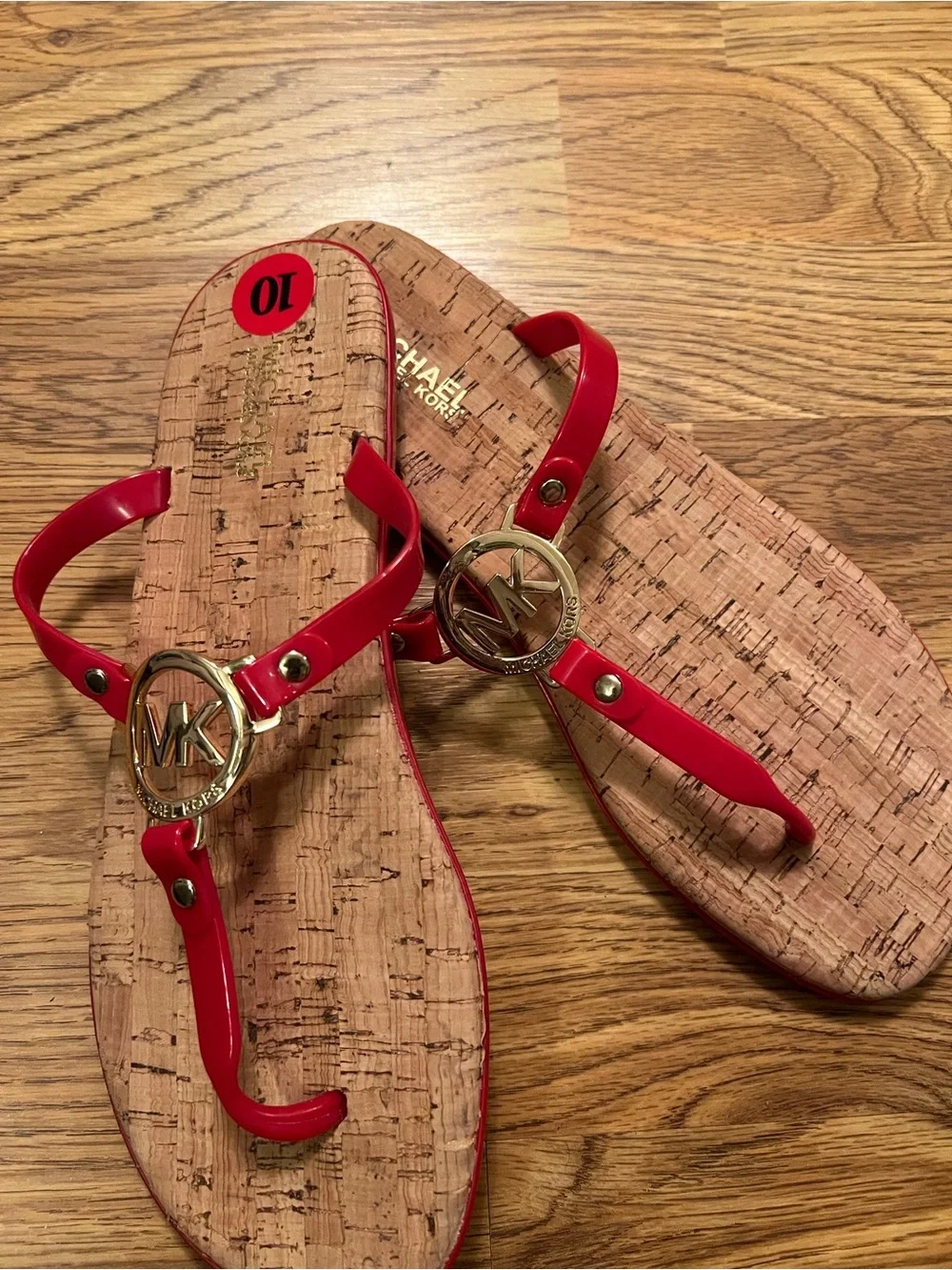 Michael Kors Red Logo Charm Jelly T-Strap Cork Sandals/Flip Flops.